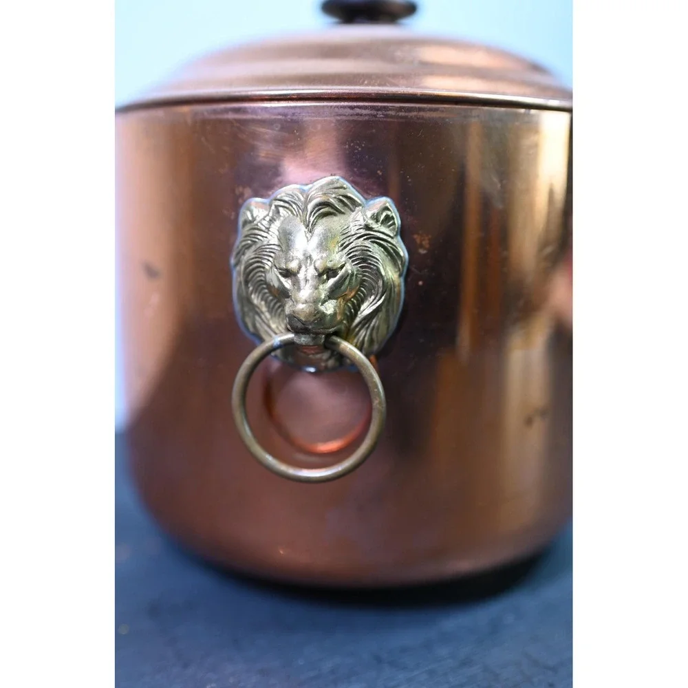 Vintage Copper Lions Head Handle Pot with Lid Decorative Planter Ice Bucket